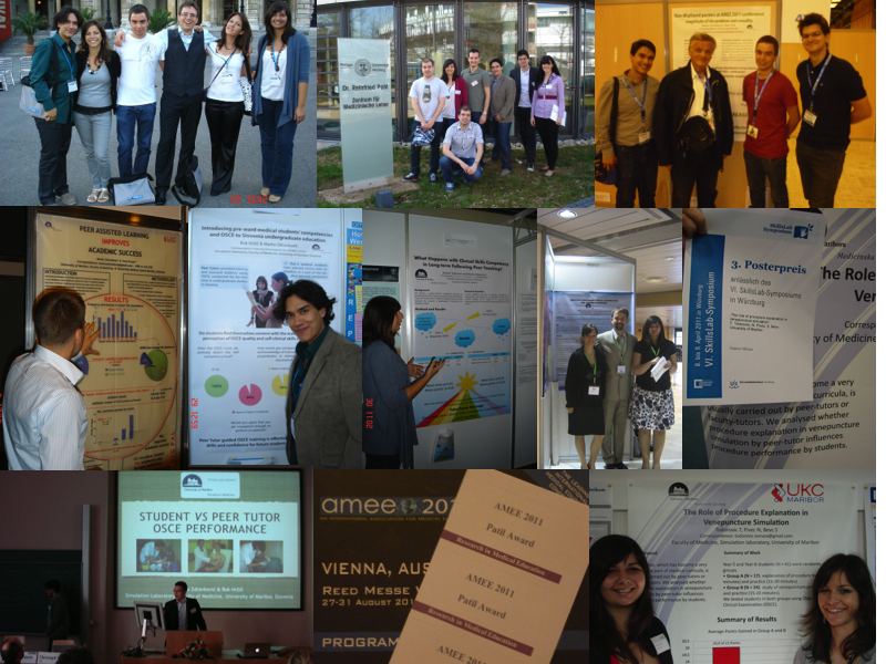 Figure presents mosaic of small photos from some medical education conferences in which students of Faculty of Medicine University of Maribor actively participated by demonstarting their achievements